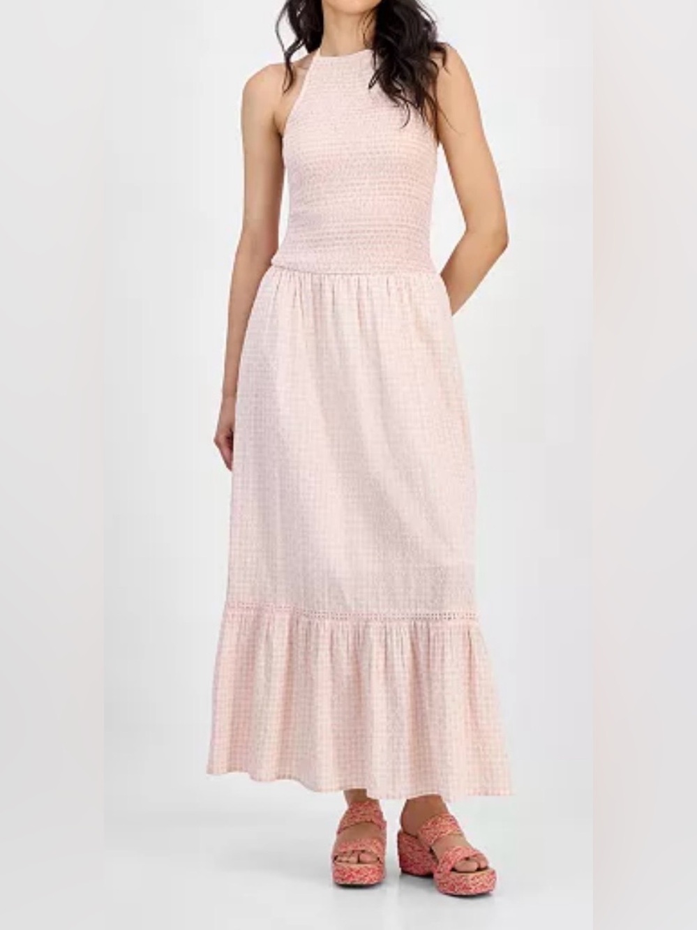 AND NOW THIS Women's Cotton Gingham Smocked Halter Maxi Dress